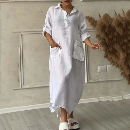 🔥Hot sale🔥Women's Cotton Linen Solid Colour Lapel Dress