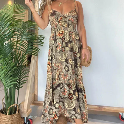 💕Women’s Sexy Spaghetti Strap Floral Print Long Dress