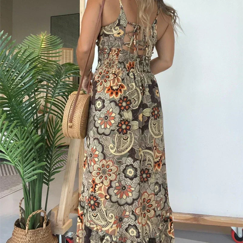 💕Women’s Sexy Spaghetti Strap Floral Print Long Dress