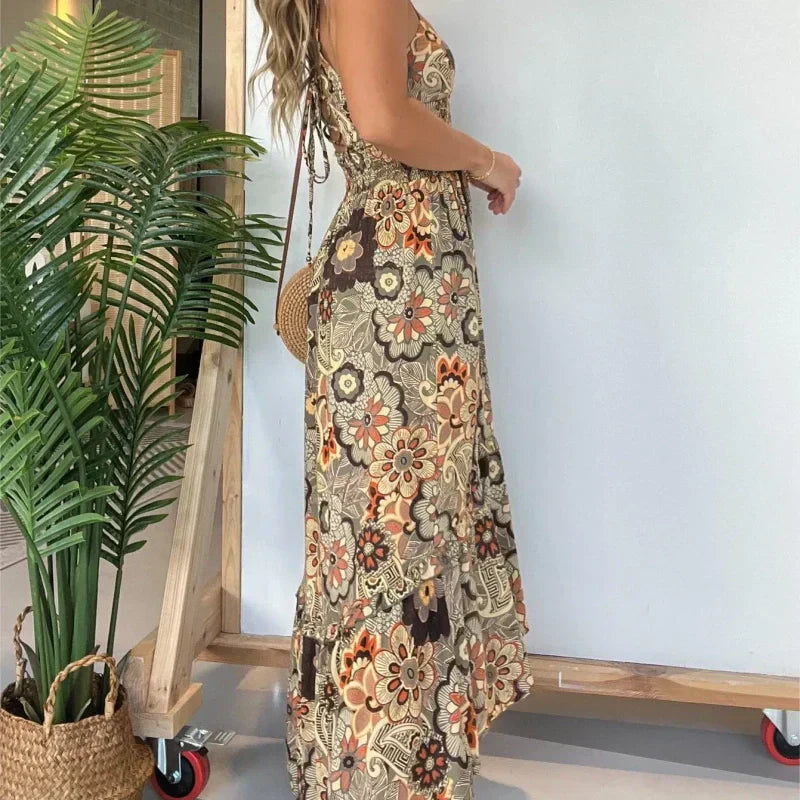 💕Women’s Sexy Spaghetti Strap Floral Print Long Dress