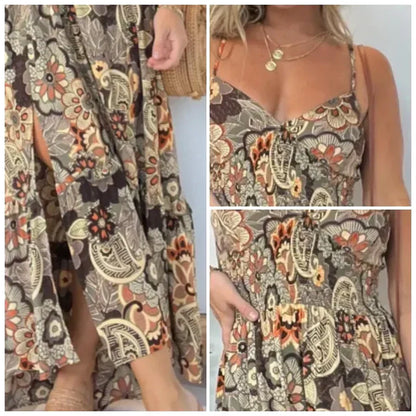 💕Women’s Sexy Spaghetti Strap Floral Print Long Dress