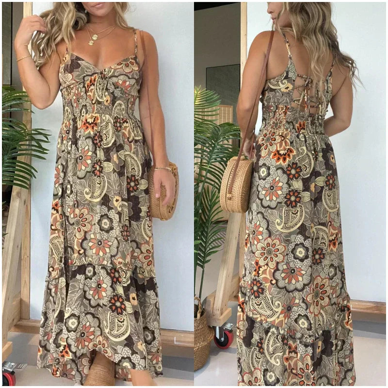 💕Women’s Sexy Spaghetti Strap Floral Print Long Dress