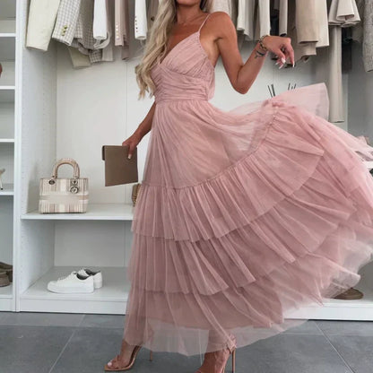 👗✨New Style Women’s Elegant Spaghetti Strap Tiered Tulle Maxi Dress🌷 Layered and Ethereal, A Fresh Summer Fashion Choice!