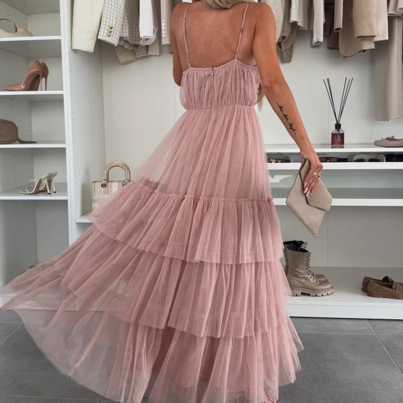 👗✨New Style Women’s Elegant Spaghetti Strap Tiered Tulle Maxi Dress🌷 Layered and Ethereal, A Fresh Summer Fashion Choice!