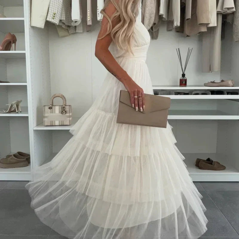 👗✨New Style Women’s Elegant Spaghetti Strap Tiered Tulle Maxi Dress🌷 Layered and Ethereal, A Fresh Summer Fashion Choice!