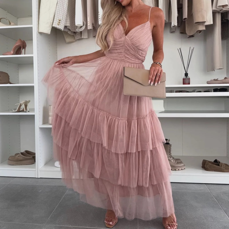 👗✨New Style Women’s Elegant Spaghetti Strap Tiered Tulle Maxi Dress🌷 Layered and Ethereal, A Fresh Summer Fashion Choice!