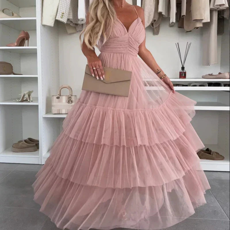 👗✨New Style Women’s Elegant Spaghetti Strap Tiered Tulle Maxi Dress🌷 Layered and Ethereal, A Fresh Summer Fashion Choice!