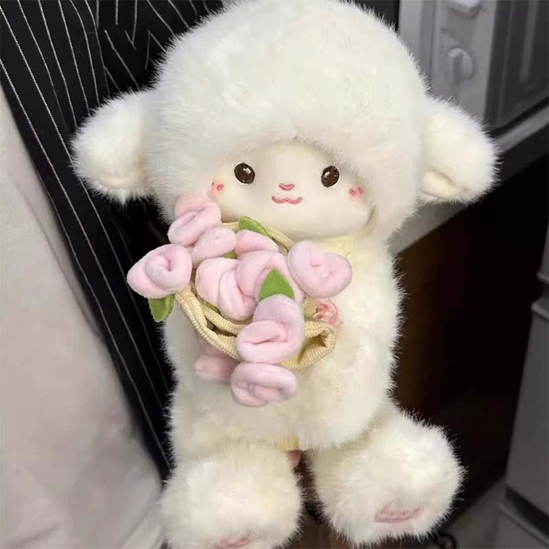 Cute Plush Lamb With Flower Bouquet Hat