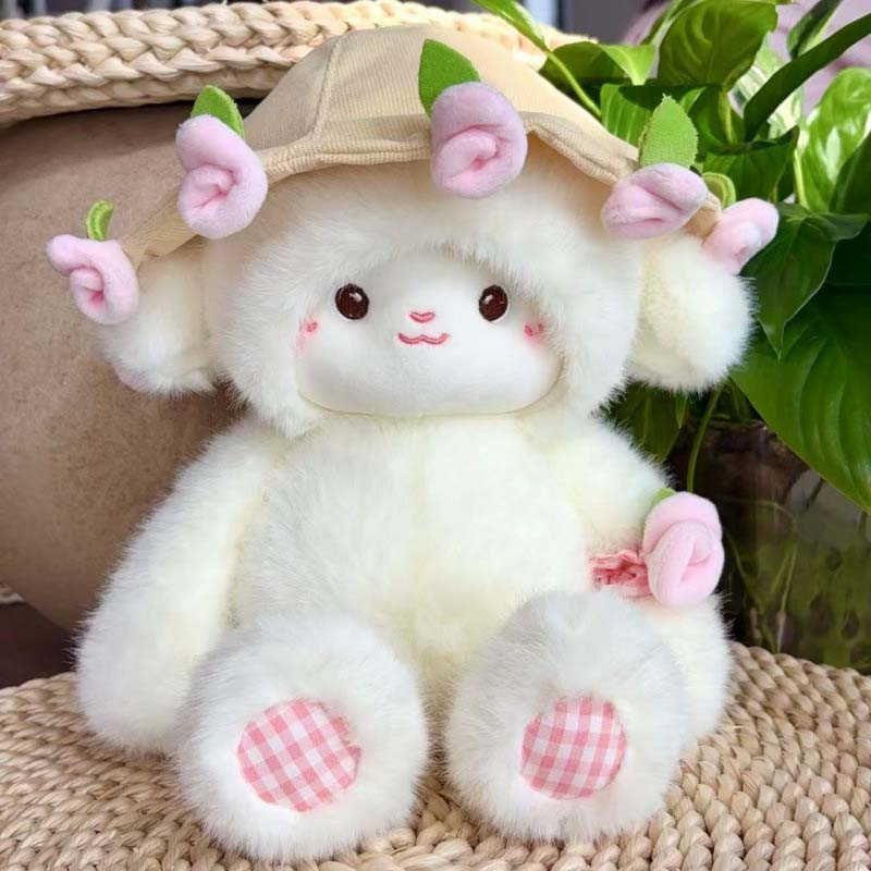 Cute Plush Lamb With Flower Bouquet Hat