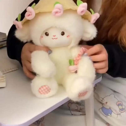 Cute Plush Lamb With Flower Bouquet Hat