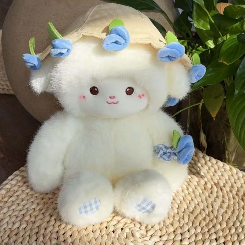 Cute Plush Lamb With Flower Bouquet Hat