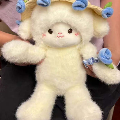 Cute Plush Lamb With Flower Bouquet Hat