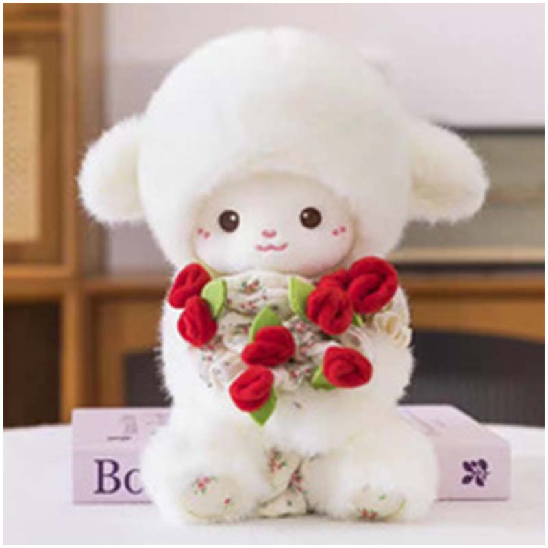 Cute Plush Lamb With Flower Bouquet Hat